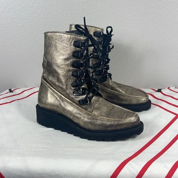 Free People Leather Gold Distressed Lace Up Boots Size 6 - Picture 2 of 6